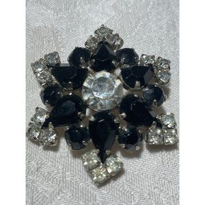 Blingey Black Clear Rhinestone Vintage Brooch 1.5”